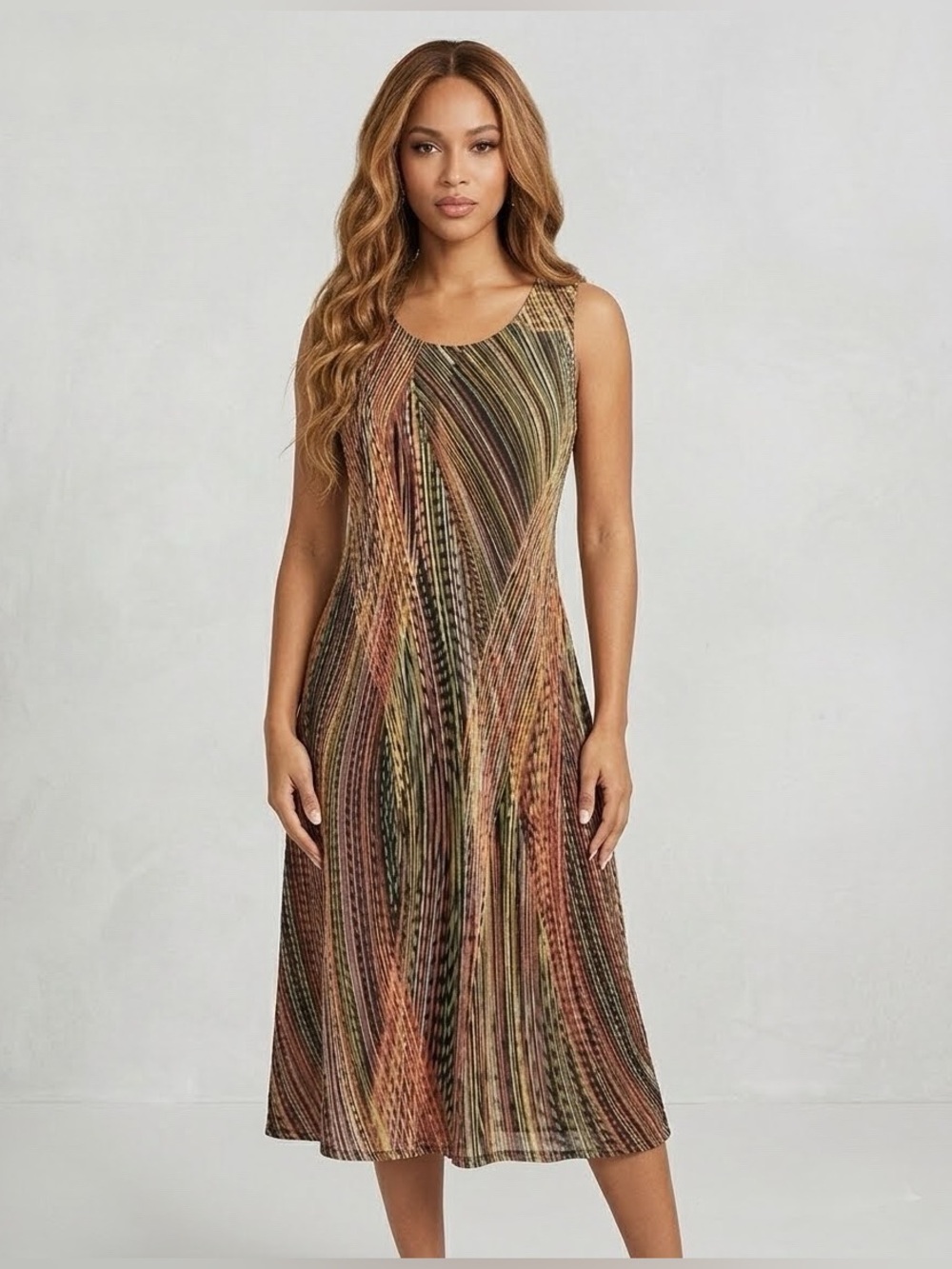 Plissé Abstract Pleated Midi Dress Medium Sleeveless Swing Dress
